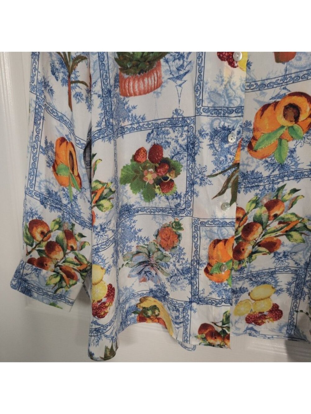 Rose & Olive Floral Fruit Shirt Womens Size XL Blue Patchwork Camp 3/4 Sleeves - Picture 3 of 9